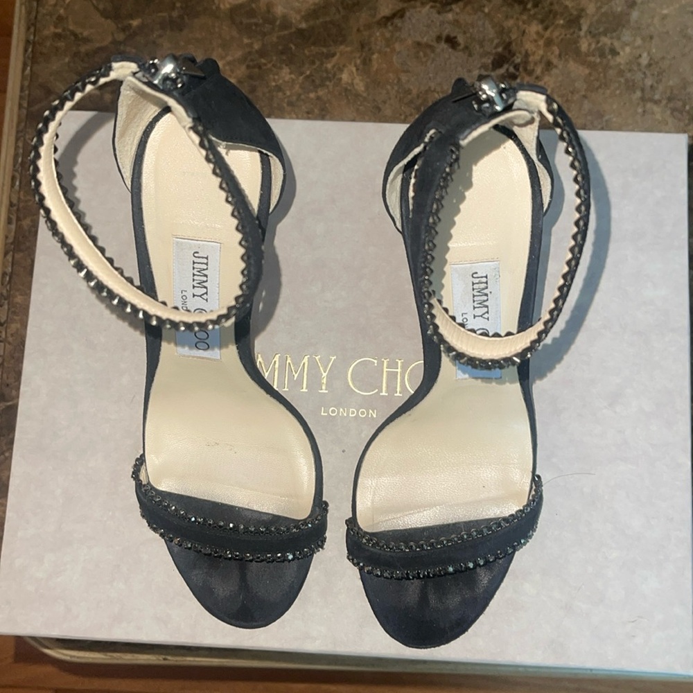 Jimmy Choo Black Heeled Sandals Ankle Strap with crystals Size 36 Preloved